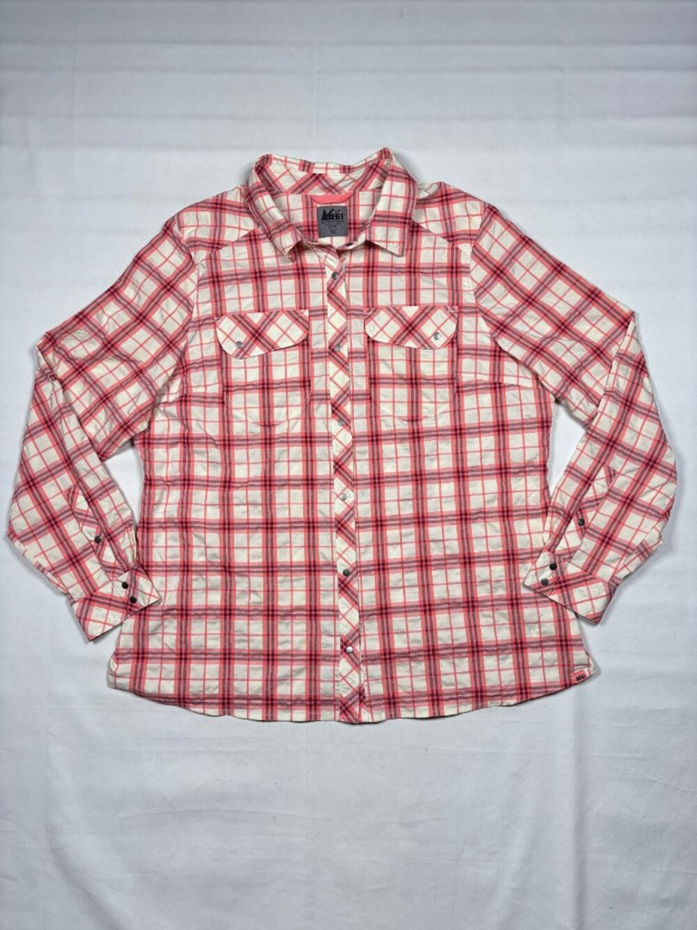 REI Co-op Sahara Shirt Womens XL Coral Pink Plaid Long Sleeve Snap Button